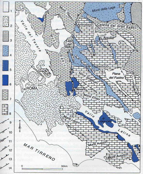 Figura 6 Schema geologico-strutturale dell’Italia centrale 1-depositi marinicontinentali del Plio Pleistocene e coperture alluvionali recenti; 2-vulcaniti (Pleistocene); 3-depositi terrigeni sintettonici (Formazione del Cellino, Pliocene inferiore); 4-depositi terrigeni sintettonici (Formazione di Argilloso-arenacea, Tortoniano superiore p.p.-Messiniano superiore); 5-depositi terrigeni sintettonici (Formazione di Frosinone, Tortoniano superiore p.p); 6-depositi terrigeni sintettonici (Formazione Marnoso-arenacea, Burdigaliano p.p-Langhiano); 7-successione stratigrafica in facies di transizione (Triassico superiore-Miocene inferiore); 8-successione stratigrafica in facies di piattaforma carbonatica (Triassico superiore-Miocene medio); 9-faglia diretta; 10-faglia transtensiva; 11-faglia con cinematica complessa; 12-faglia trascorrente; 13-sovrascorrimento; 14-retroscorrimento. (Cipollari e Cosentino,1993).